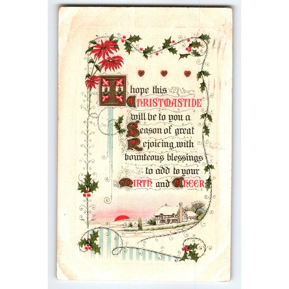 Vintage 1916 Christmas Postcard with Holly & Cottage Scene